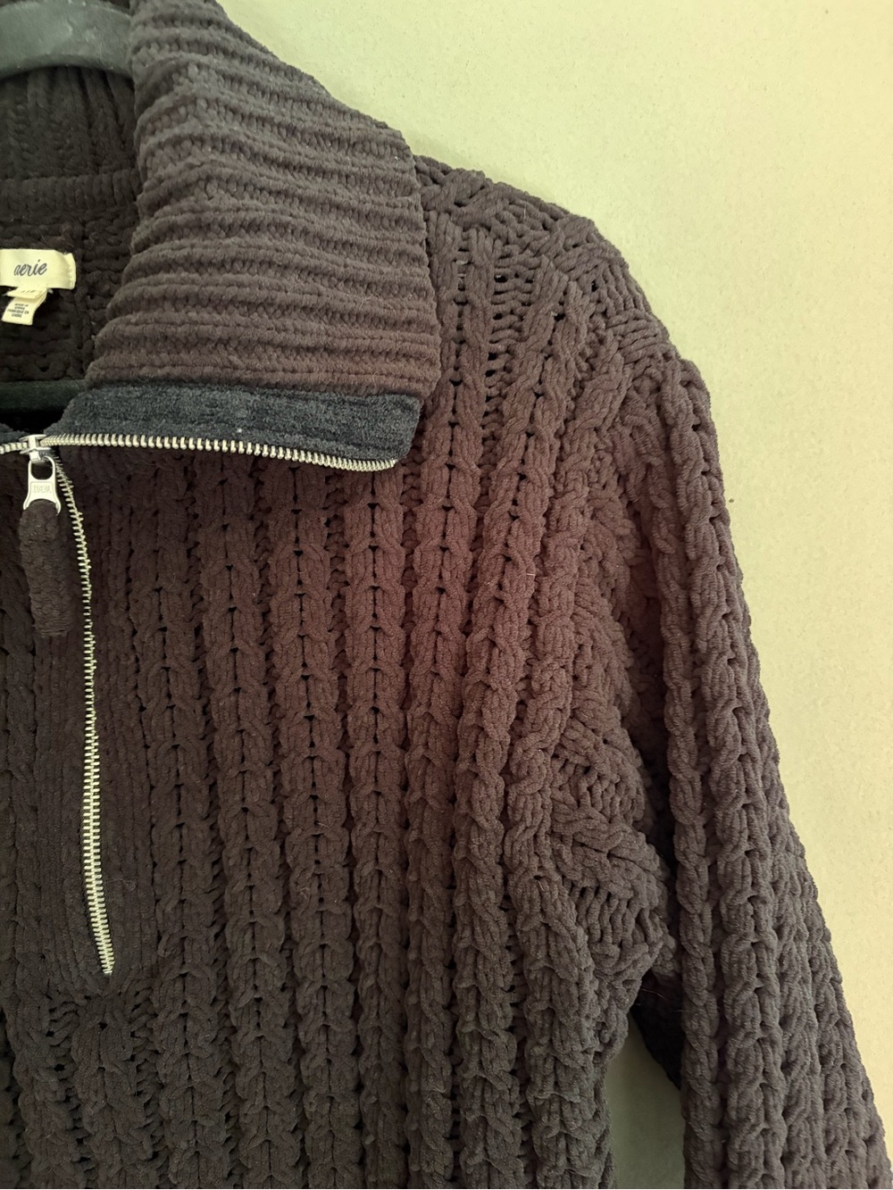 Aerie Cable Car 1/4 Zip Sweater Black Pullover Chenille Open Weave Chunky Knit - Picture 4 of 13
